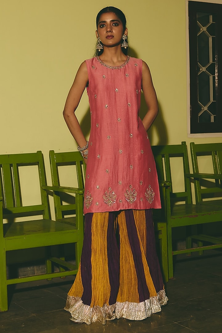 Deep Purple & Mustard Aari Embroidered Wedding Sharara Set by RASHIKA MITTAL at Pernia's Pop Up Shop