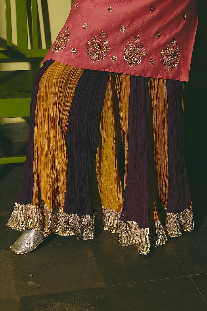 Deep Purple & Mustard Aari Embroidered Wedding Sharara Set by RASHIKA MITTAL at Pernia's Pop Up Shop