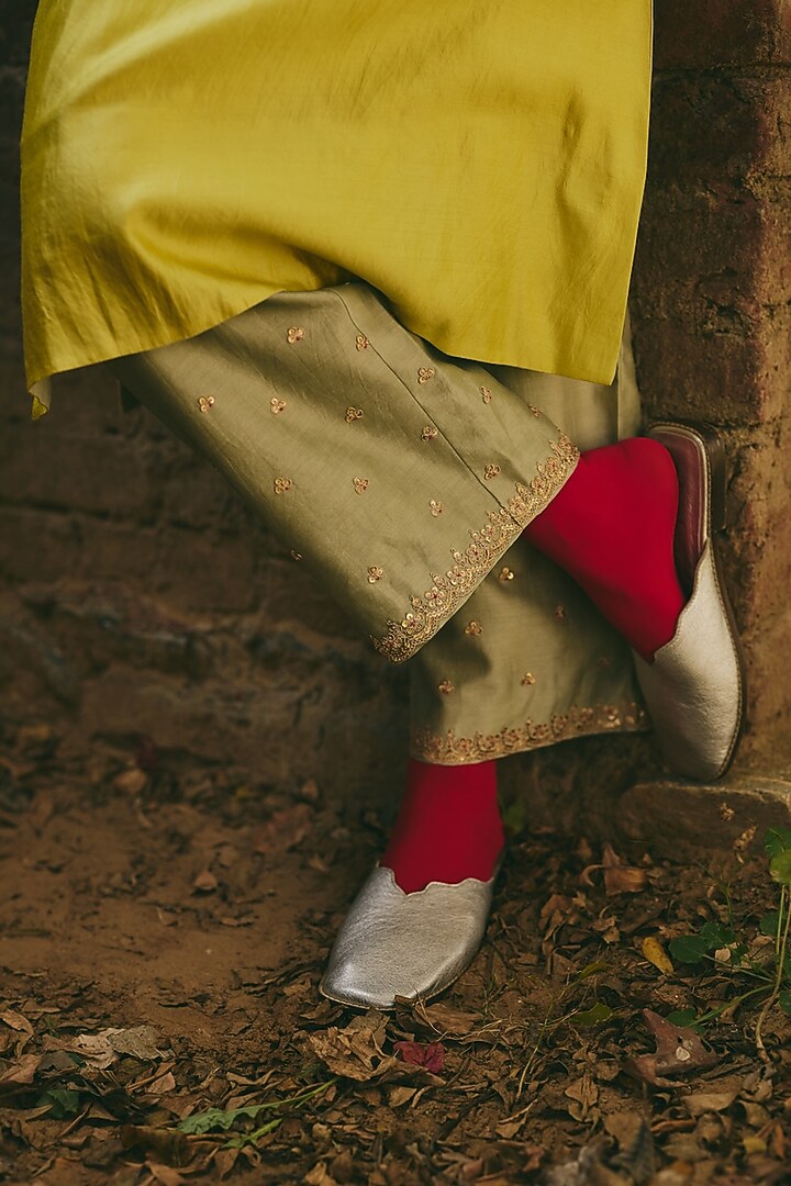 Chartreuse Silk Hand Embellished Kurta Set by RASHIKA MITTAL at Pernia's Pop Up Shop