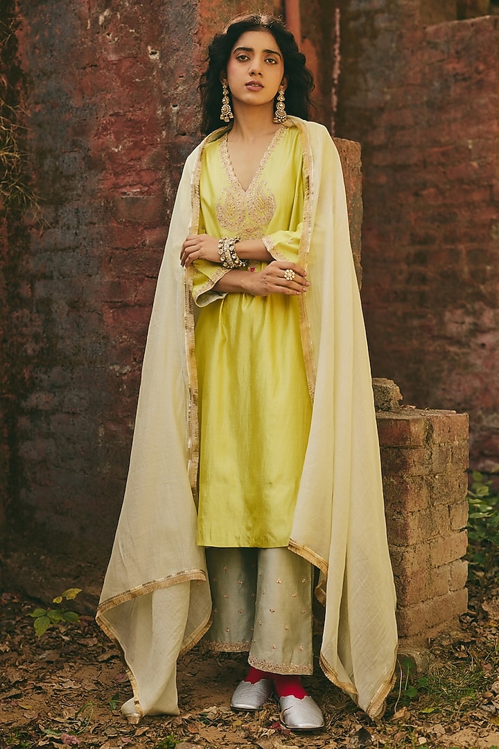 Sage Green Chanderi Dupatta by RASHIKA MITTAL at Pernia's Pop Up Shop