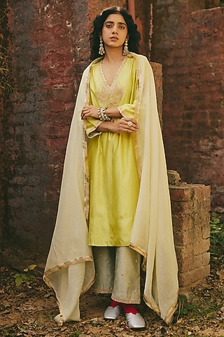 Sage Green Chanderi Dupatta by RASHIKA MITTAL