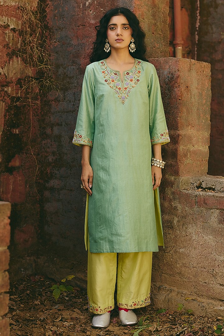 Pistachio Green Hand Embellished Kurta Set by RASHIKA MITTAL at Pernia's Pop Up Shop