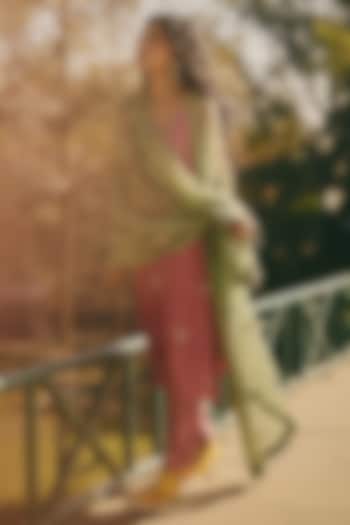 Sage Green Tissue Hand Embroidered Dupatta by RASHIKA MITTAL at Pernia's Pop Up Shop