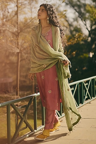 Sage Green Tissue Hand Embroidered Dupatta by RASHIKA MITTAL