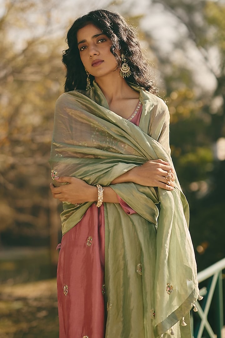 Sage Green Tissue Hand Embroidered Dupatta by RASHIKA MITTAL at Pernia's Pop Up Shop
