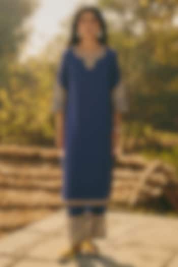 Navy Silk Hand Embroidered Kurta Set by RASHIKA MITTAL at Pernia's Pop Up Shop