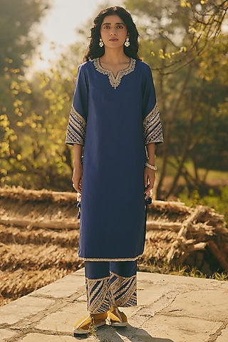 Navy Silk Hand Embroidered Kurta Set by RASHIKA MITTAL