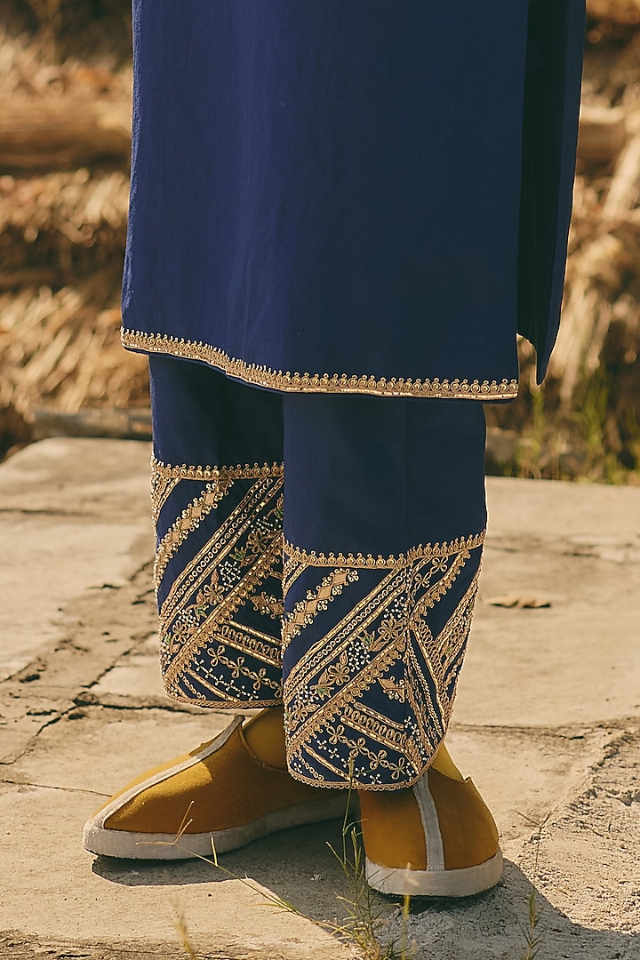 Navy Silk Hand Embroidered Kurta Set by RASHIKA MITTAL at Pernia's Pop Up Shop