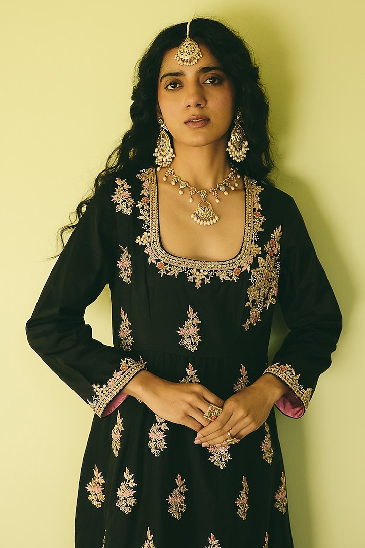 Black Silk Hand Embroidered Party Wear Anarkali by RASHIKA MITTAL at Pernia's Pop Up Shop