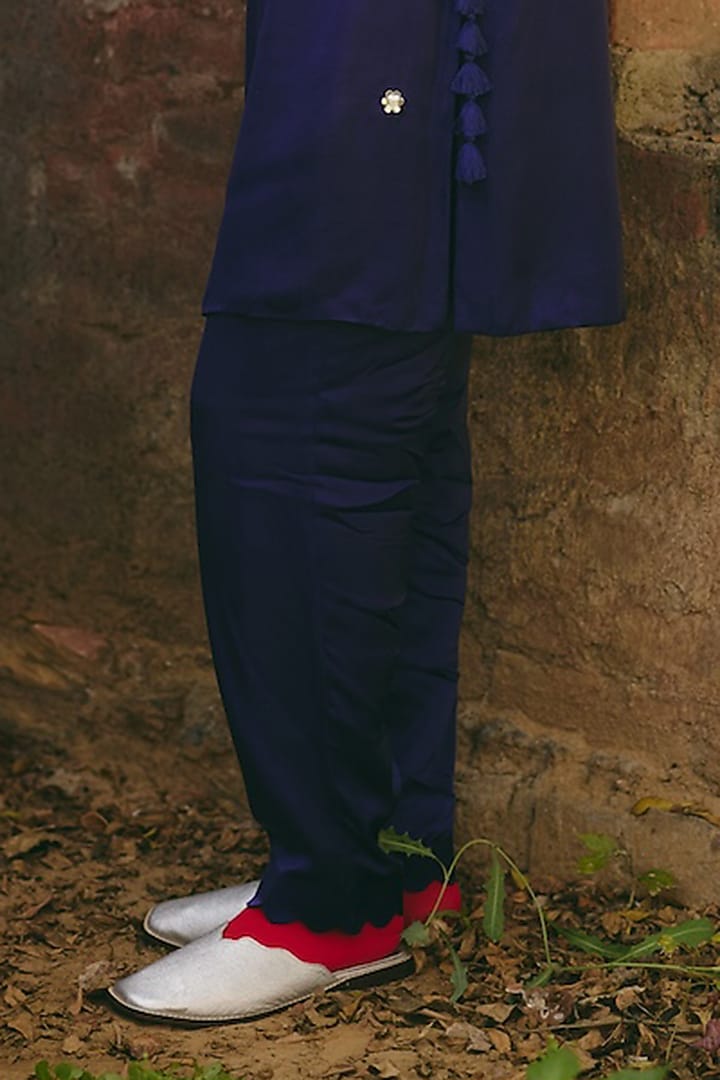 Navy Satin Hand Embroidered Kurta Set by RASHIKA MITTAL at Pernia's Pop Up Shop