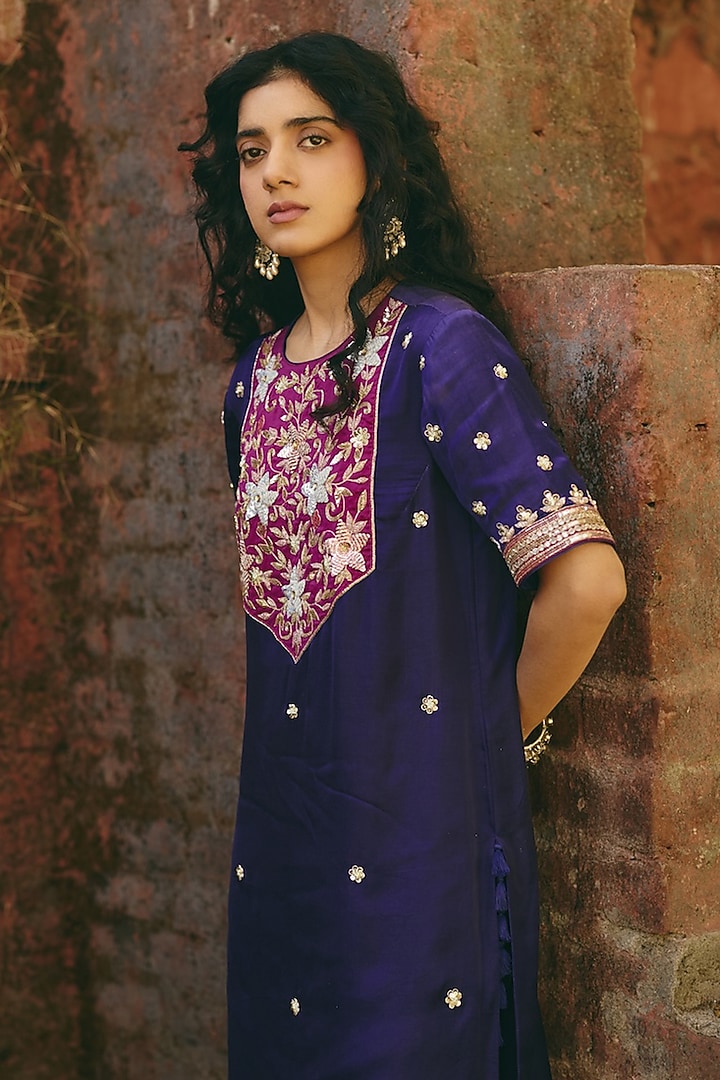 Navy Satin Hand Embroidered Kurta Set by RASHIKA MITTAL at Pernia's Pop Up Shop