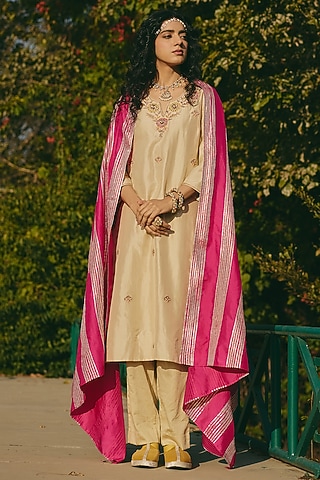 Pink Silk Gota Work Dupatta by RASHIKA MITTAL