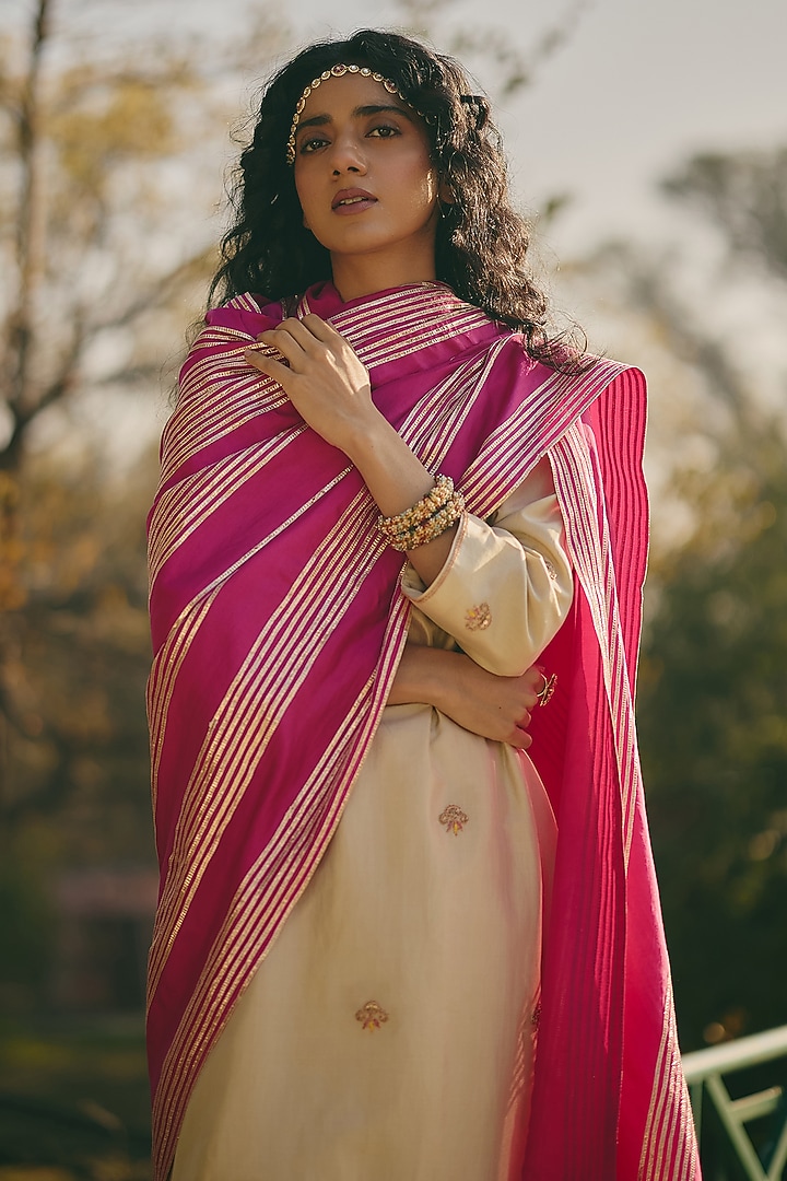 Pink Silk Gota Work Dupatta by RASHIKA MITTAL at Pernia's Pop Up Shop
