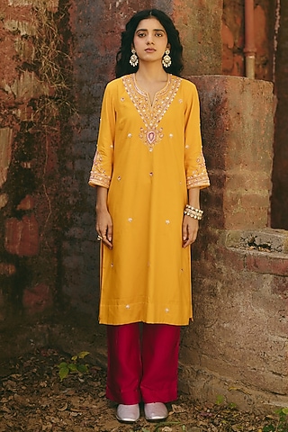 Mustard Yellow Satin Hand Embroidered Kurta Set by RASHIKA MITTAL