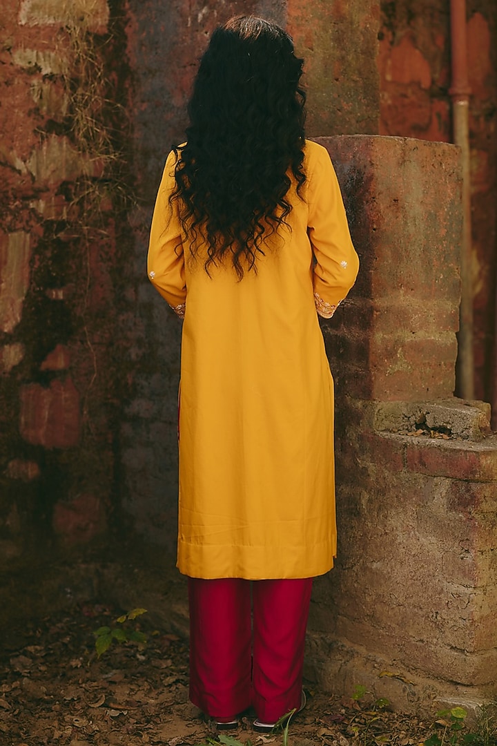 Mustard Yellow Satin Hand Embroidered Kurta Set by RASHIKA MITTAL at Pernia's Pop Up Shop
