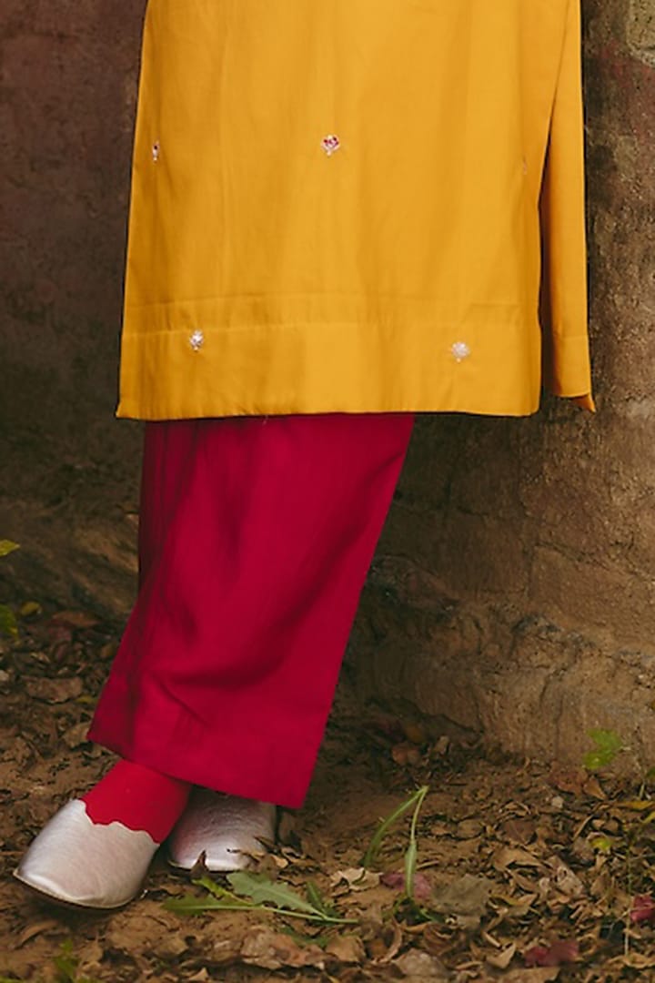 Mustard Yellow Satin Hand Embroidered Kurta Set by RASHIKA MITTAL at Pernia's Pop Up Shop