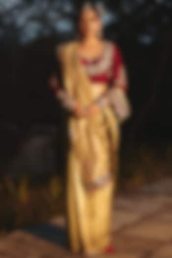 Gold Champagne Tissue Hand Embroidered Wedding Saree by RASHIKA MITTAL at Pernia's Pop Up Shop
