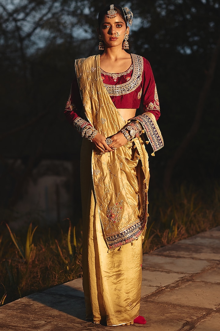 Gold Champagne Tissue Hand Embroidered Wedding Saree by RASHIKA MITTAL at Pernia's Pop Up Shop