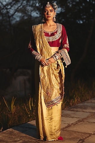 Gold Champagne Tissue Hand Embroidered Saree by RASHIKA MITTAL