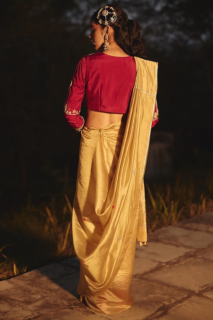 Gold Champagne Tissue Hand Embroidered Wedding Saree by RASHIKA MITTAL at Pernia's Pop Up Shop