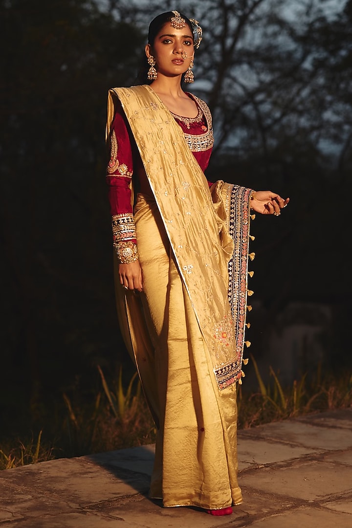 Gold Champagne Tissue Hand Embroidered Wedding Saree by RASHIKA MITTAL at Pernia's Pop Up Shop