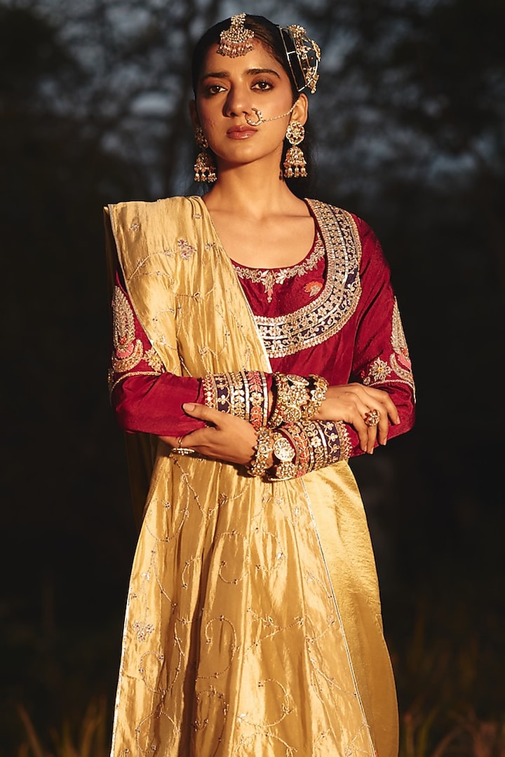 Gold Champagne Tissue Hand Embroidered Wedding Saree by RASHIKA MITTAL at Pernia's Pop Up Shop