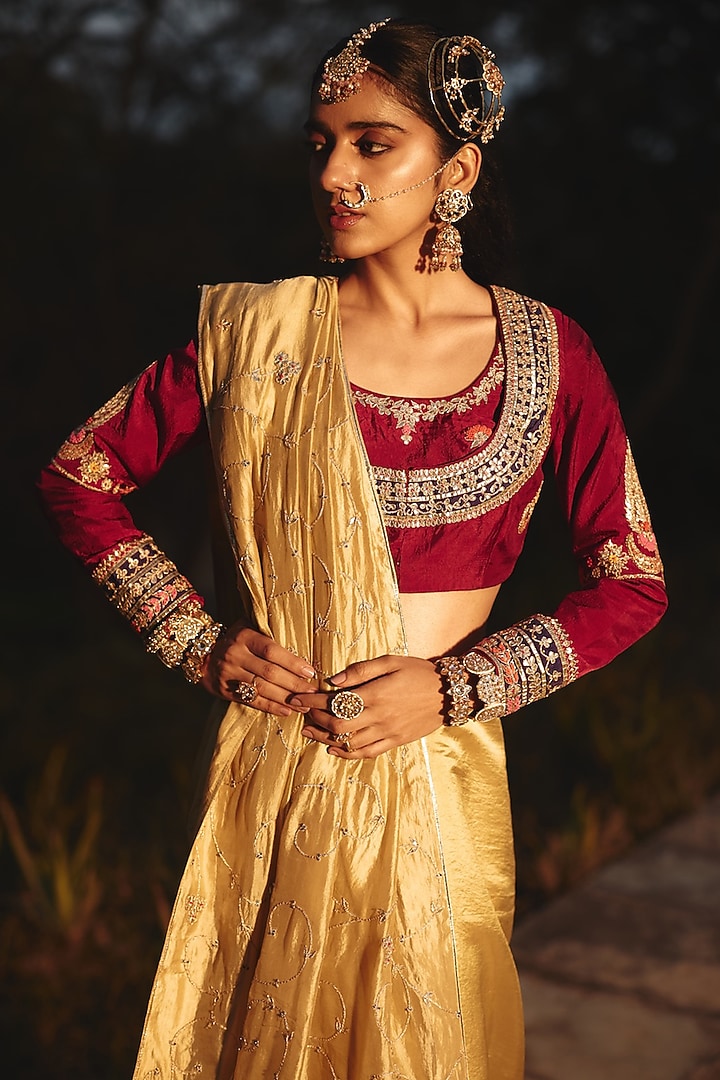 Wine-Maroon Silk Hand Embroidered Blouse by RASHIKA MITTAL at Pernia's Pop Up Shop