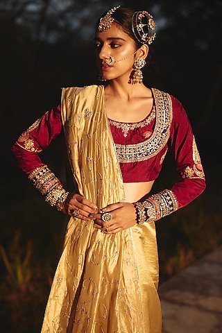 Wine-Maroon Silk Hand Embroidered Blouse by RASHIKA MITTAL