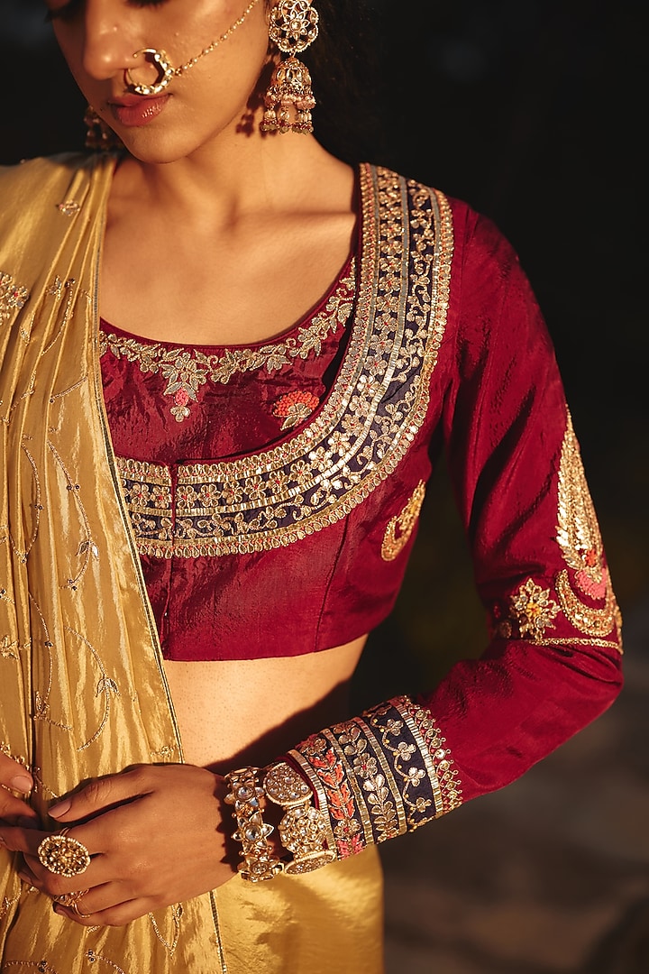 Wine-Maroon Silk Hand Embroidered Blouse by RASHIKA MITTAL at Pernia's Pop Up Shop