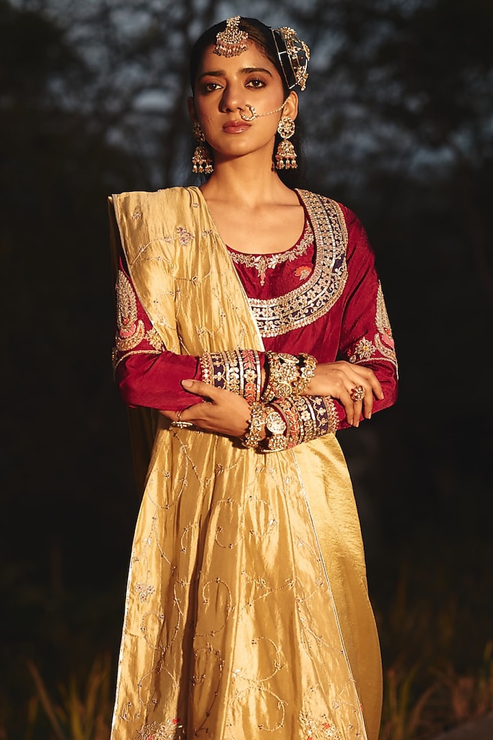 Wine-Maroon Silk Hand Embroidered Blouse by RASHIKA MITTAL at Pernia's Pop Up Shop