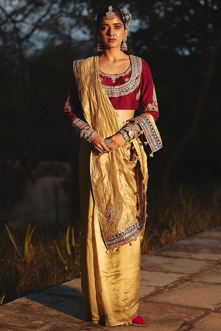 Wine-Maroon Silk Hand Embroidered Blouse by RASHIKA MITTAL at Pernia's Pop Up Shop