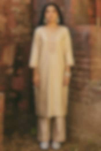 Champagne Gold Satin Hand Embroidered Kurta Set by RASHIKA MITTAL at Pernia's Pop Up Shop