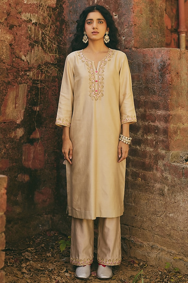Champagne Gold Satin Hand Embroidered Kurta Set by RASHIKA MITTAL at Pernia's Pop Up Shop
