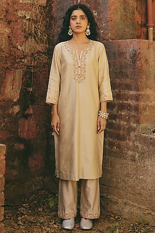 Champagne Gold Satin Hand Embroidered Kurta Set by RASHIKA MITTAL