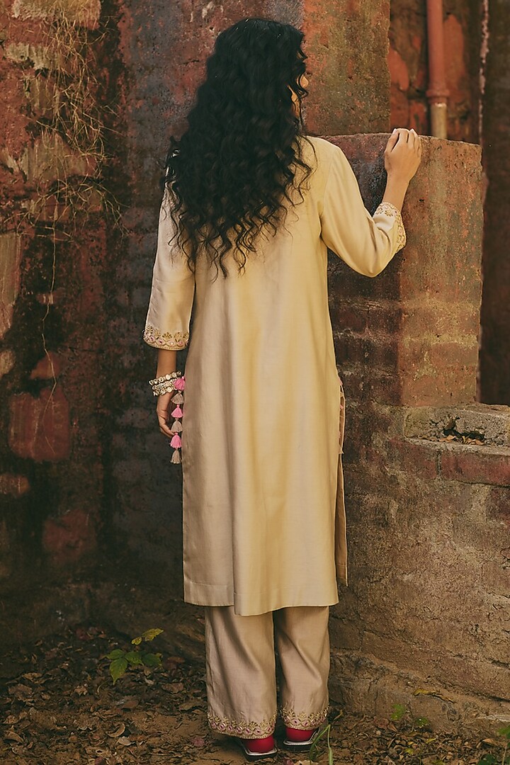 Champagne Gold Satin Hand Embroidered Kurta Set by RASHIKA MITTAL at Pernia's Pop Up Shop