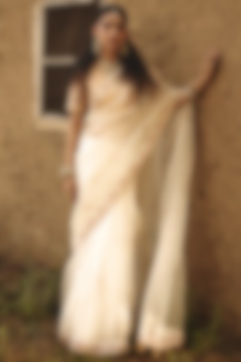 Ivory Organza Floral Boota Hand Embroidered Wedding Saree by RASHIKA MITTAL at Pernia's Pop Up Shop