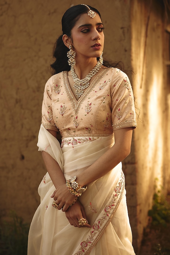 Champagne Gold Brocade Hand Embroidered Blouse by RASHIKA MITTAL at Pernia's Pop Up Shop