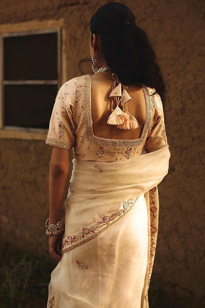Champagne Gold Brocade Hand Embroidered Blouse by RASHIKA MITTAL at Pernia's Pop Up Shop