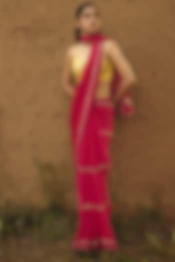 Pink Chiffon Hand Embroidered Wedding Saree by RASHIKA MITTAL at Pernia's Pop Up Shop