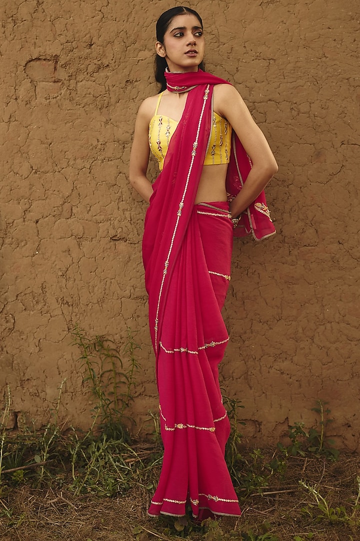 Pink Chiffon Hand Embroidered Wedding Saree by RASHIKA MITTAL at Pernia's Pop Up Shop