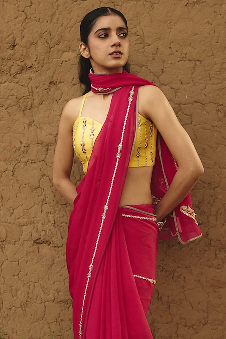 Pink Chiffon Hand Embroidered Wedding Saree by RASHIKA MITTAL at Pernia's Pop Up Shop