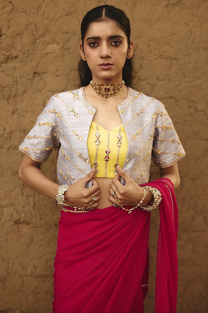 Yellow Silk Hand Embroidered Bustier & Silver-Grey Cape by RASHIKA MITTAL at Pernia's Pop Up Shop