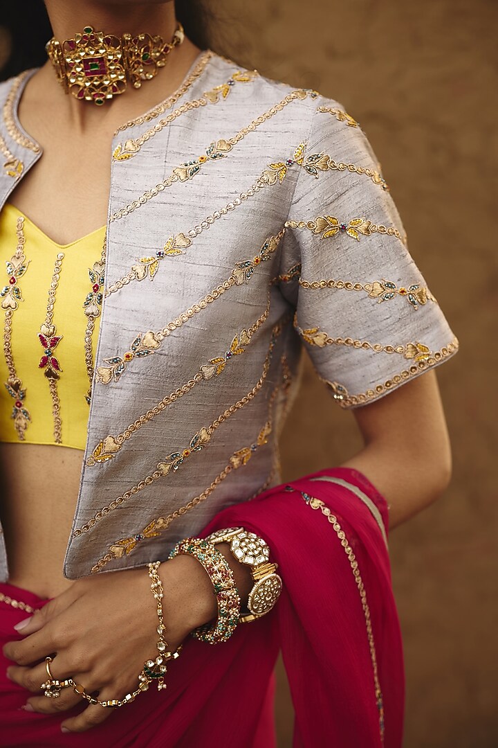 Yellow Silk Hand Embroidered Bustier & Silver-Grey Cape by RASHIKA MITTAL at Pernia's Pop Up Shop
