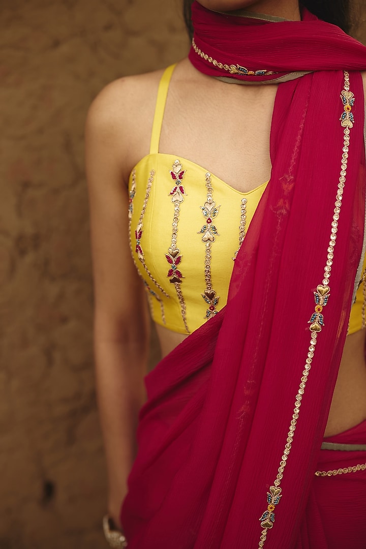 Yellow Silk Hand Embroidered Bustier & Silver-Grey Cape by RASHIKA MITTAL at Pernia's Pop Up Shop