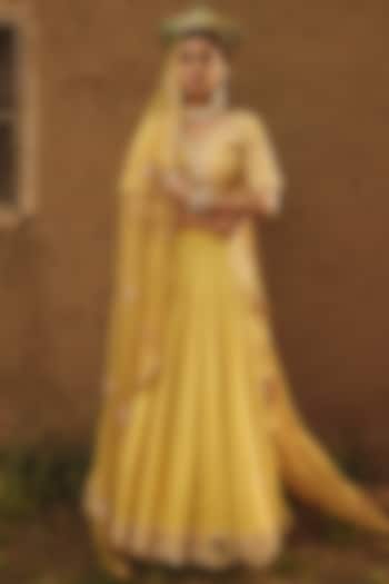 Yellow Silk Gota Applique Embroidered Wedding Lehenga Set by RASHIKA MITTAL at Pernia's Pop Up Shop