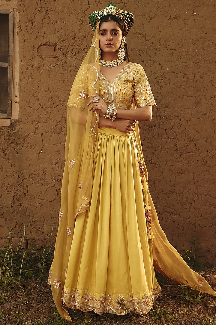 Yellow Silk Gota Applique Embroidered Wedding Lehenga Set by RASHIKA MITTAL at Pernia's Pop Up Shop