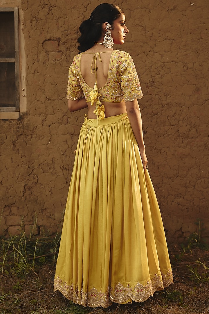 Yellow Silk Gota Applique Embroidered Wedding Lehenga Set by RASHIKA MITTAL at Pernia's Pop Up Shop