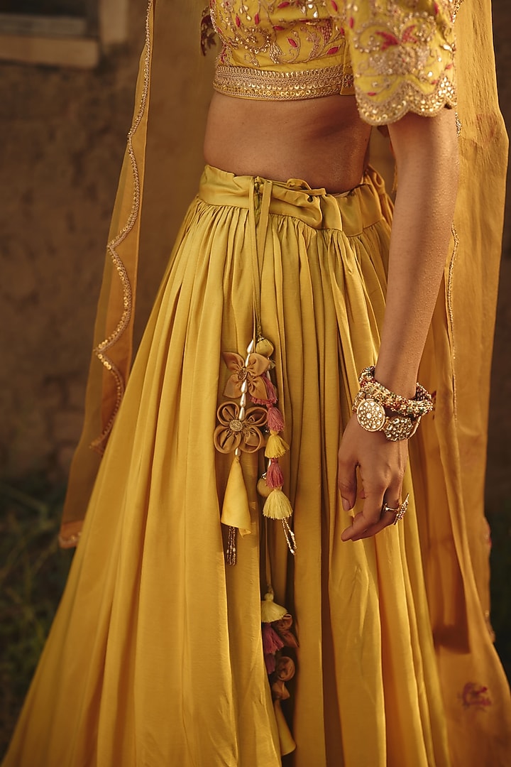 Yellow Silk Gota Applique Embroidered Wedding Lehenga Set by RASHIKA MITTAL at Pernia's Pop Up Shop