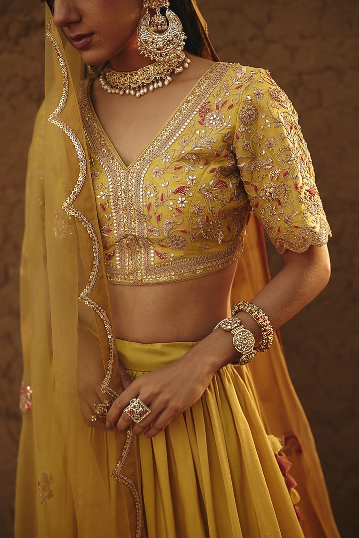 Yellow Silk Gota Applique Embroidered Wedding Lehenga Set by RASHIKA MITTAL at Pernia's Pop Up Shop