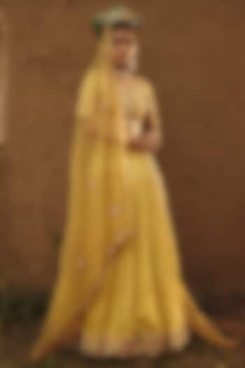 Yellow Organza Hand Embroidered Dupatta by RASHIKA MITTAL at Pernia's Pop Up Shop